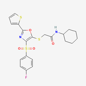 molecular formula C21H21FN2O4S3 B11439028 N-cyclohexyl-2-({4-[(4-fluorophenyl)sulfonyl]-2-(thiophen-2-yl)-1,3-oxazol-5-yl}sulfanyl)acetamide 