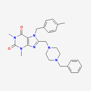 molecular formula C27H32N6O2 B11439386 8-[(4-Benzylpiperazin-1-yl)methyl]-1,3-dimethyl-7-[(4-methylphenyl)methyl]purine-2,6-dione 