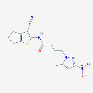 molecular formula C16H17N5O3S B11439641 N-(3-cyano-5,6-dihydro-4H-cyclopenta[b]thiophen-2-yl)-4-(5-methyl-3-nitro-1H-pyrazol-1-yl)butanamide 