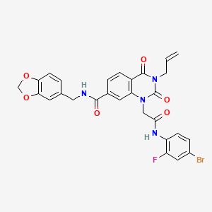 molecular formula C28H22BrFN4O6 B11439781 N-(1,3-benzodioxol-5-ylmethyl)-1-{2-[(4-bromo-2-fluorophenyl)amino]-2-oxoethyl}-2,4-dioxo-3-(prop-2-en-1-yl)-1,2,3,4-tetrahydroquinazoline-7-carboxamide 