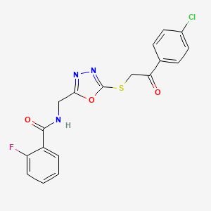 molecular formula C18H13ClFN3O3S B11440176 N-[(5-{[2-(4-chlorophenyl)-2-oxoethyl]thio}-1,3,4-oxadiazol-2-yl)methyl]-2-fluorobenzamide 