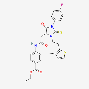 molecular formula C27H26FN3O4S2 B11440680 Ethyl 4-[({1-(4-fluorophenyl)-3-[2-(3-methylthiophen-2-yl)ethyl]-5-oxo-2-thioxoimidazolidin-4-yl}acetyl)amino]benzoate 