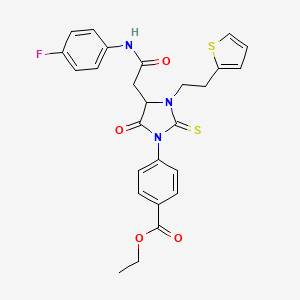 molecular formula C26H24FN3O4S2 B11441208 Ethyl 4-(4-{2-[(4-fluorophenyl)amino]-2-oxoethyl}-5-oxo-3-[2-(thiophen-2-yl)ethyl]-2-thioxoimidazolidin-1-yl)benzoate 