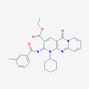 molecular formula C28H28N4O4 B11443041 ethyl 7-cyclohexyl-6-(3-methylbenzoyl)imino-2-oxo-1,7,9-triazatricyclo[8.4.0.03,8]tetradeca-3(8),4,9,11,13-pentaene-5-carboxylate 
