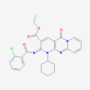 molecular formula C27H25ClN4O4 B11443299 ethyl 6-(2-chlorobenzoyl)imino-7-cyclohexyl-2-oxo-1,7,9-triazatricyclo[8.4.0.03,8]tetradeca-3(8),4,9,11,13-pentaene-5-carboxylate 