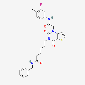 molecular formula C28H29FN4O4S B11443930 N-benzyl-6-(1-(2-((3-fluoro-4-methylphenyl)amino)-2-oxoethyl)-2,4-dioxo-1,2-dihydrothieno[3,2-d]pyrimidin-3(4H)-yl)hexanamide 