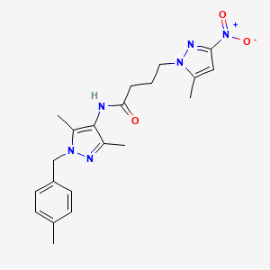 molecular formula C21H26N6O3 B11444307 N-[3,5-dimethyl-1-(4-methylbenzyl)-1H-pyrazol-4-yl]-4-(5-methyl-3-nitro-1H-pyrazol-1-yl)butanamide 