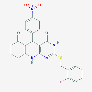 molecular formula C24H19FN4O4S B11444430 2-((2-fluorobenzyl)thio)-5-(4-nitrophenyl)-7,8,9,10-tetrahydropyrimido[4,5-b]quinoline-4,6(3H,5H)-dione 