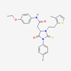 molecular formula C26H26FN3O3S2 B11444707 N-(4-ethoxyphenyl)-2-[1-(4-fluorophenyl)-3-[2-(3-methylthiophen-2-yl)ethyl]-5-oxo-2-sulfanylideneimidazolidin-4-yl]acetamide 