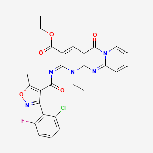 molecular formula C28H23ClFN5O5 B11445641 ethyl 6-[3-(2-chloro-6-fluorophenyl)-5-methyl-1,2-oxazole-4-carbonyl]imino-2-oxo-7-propyl-1,7,9-triazatricyclo[8.4.0.03,8]tetradeca-3(8),4,9,11,13-pentaene-5-carboxylate 
