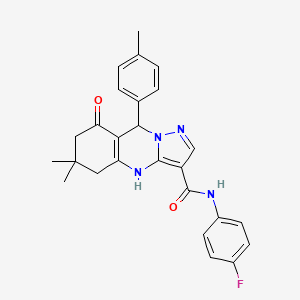 molecular formula C26H25FN4O2 B11445762 N-(4-fluorophenyl)-6,6-dimethyl-9-(4-methylphenyl)-8-oxo-4,5,6,7,8,9-hexahydropyrazolo[5,1-b]quinazoline-3-carboxamide 