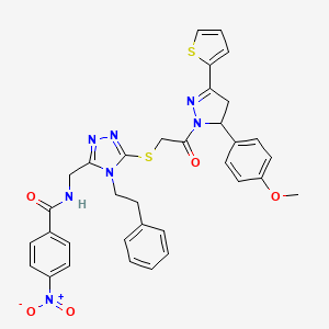 molecular formula C34H31N7O5S2 B11445900 N-((5-((2-(5-(4-methoxyphenyl)-3-(thiophen-2-yl)-4,5-dihydro-1H-pyrazol-1-yl)-2-oxoethyl)thio)-4-phenethyl-4H-1,2,4-triazol-3-yl)methyl)-4-nitrobenzamide 