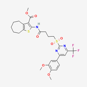 molecular formula C28H30F3N3O7S2 B11446241 methyl 2-[(4-{[4-(3,4-dimethoxyphenyl)-6-(trifluoromethyl)pyrimidin-2-yl]sulfonyl}butanoyl)amino]-5,6,7,8-tetrahydro-4H-cyclohepta[b]thiophene-3-carboxylate 