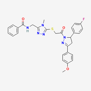 molecular formula C29H27FN6O3S B11446248 N-((5-((2-(5-(4-fluorophenyl)-3-(4-methoxyphenyl)-4,5-dihydro-1H-pyrazol-1-yl)-2-oxoethyl)thio)-4-methyl-4H-1,2,4-triazol-3-yl)methyl)benzamide 