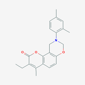 molecular formula C22H23NO3 B11446311 9-(2,4-dimethylphenyl)-3-ethyl-4-methyl-9,10-dihydro-2H,8H-chromeno[8,7-e][1,3]oxazin-2-one 