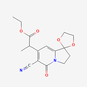 molecular formula C₁₆H₁₈N₂O₅ B1144636 Ethyl 2-(6-cyano-5-oxo-2,3-dihydro-5H-spiro[indolizine-1,2'-[1,3]dioxolan]-7-yl)propanoate CAS No. 1586782-19-5