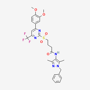 molecular formula C29H30F3N5O5S B11446384 N-(1-benzyl-3,5-dimethyl-1H-pyrazol-4-yl)-4-{[4-(3,4-dimethoxyphenyl)-6-(trifluoromethyl)pyrimidin-2-yl]sulfonyl}butanamide 