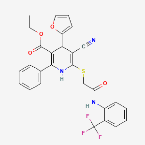 molecular formula C28H22F3N3O4S B11446428 Ethyl 5-cyano-4-(furan-2-yl)-6-[(2-oxo-2-{[2-(trifluoromethyl)phenyl]amino}ethyl)sulfanyl]-2-phenyl-1,4-dihydropyridine-3-carboxylate 