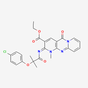 molecular formula C25H23ClN4O5 B11446509 ethyl 6-[2-(4-chlorophenoxy)-2-methylpropanoyl]imino-7-methyl-2-oxo-1,7,9-triazatricyclo[8.4.0.03,8]tetradeca-3(8),4,9,11,13-pentaene-5-carboxylate 