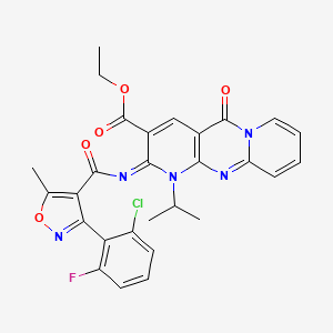 molecular formula C28H23ClFN5O5 B11446809 ethyl 6-[3-(2-chloro-6-fluorophenyl)-5-methyl-1,2-oxazole-4-carbonyl]imino-2-oxo-7-propan-2-yl-1,7,9-triazatricyclo[8.4.0.03,8]tetradeca-3(8),4,9,11,13-pentaene-5-carboxylate 