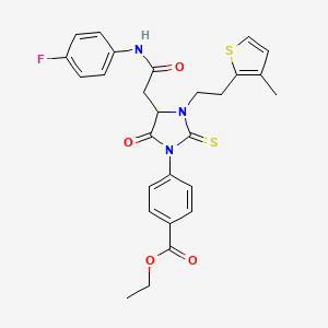 molecular formula C27H26FN3O4S2 B11446876 Ethyl 4-(4-{2-[(4-fluorophenyl)amino]-2-oxoethyl}-3-[2-(3-methylthiophen-2-yl)ethyl]-5-oxo-2-thioxoimidazolidin-1-yl)benzoate 