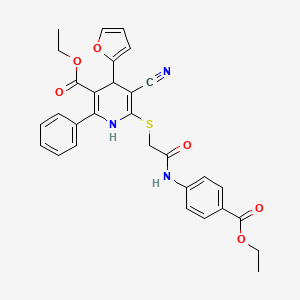 molecular formula C30H27N3O6S B11446985 Ethyl 5-cyano-6-[(2-{[4-(ethoxycarbonyl)phenyl]amino}-2-oxoethyl)sulfanyl]-4-(furan-2-yl)-2-phenyl-1,4-dihydropyridine-3-carboxylate 