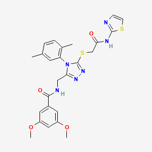 molecular formula C25H26N6O4S2 B11446992 N-{[4-(2,5-Dimethylphenyl)-5-({[(1,3-thiazol-2-YL)carbamoyl]methyl}sulfanyl)-4H-1,2,4-triazol-3-YL]methyl}-3,5-dimethoxybenzamide 