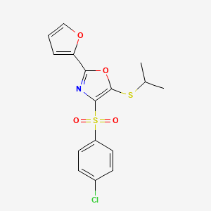 molecular formula C16H14ClNO4S2 B11447071 4-[(4-Chlorophenyl)sulfonyl]-2-(furan-2-yl)-5-(propan-2-ylsulfanyl)-1,3-oxazole 