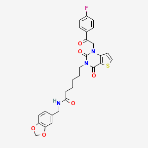 molecular formula C28H26FN3O6S B11447189 N-[(2H-1,3-benzodioxol-5-yl)methyl]-6-{1-[2-(4-fluorophenyl)-2-oxoethyl]-2,4-dioxo-1H,2H,3H,4H-thieno[3,2-d]pyrimidin-3-yl}hexanamide 
