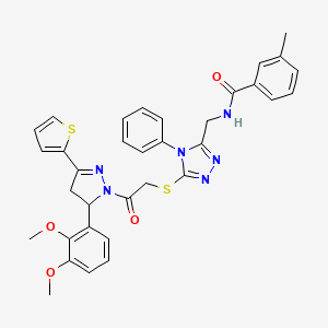 molecular formula C34H32N6O4S2 B11447375 N-((5-((2-(5-(2,3-dimethoxyphenyl)-3-(thiophen-2-yl)-4,5-dihydro-1H-pyrazol-1-yl)-2-oxoethyl)thio)-4-phenyl-4H-1,2,4-triazol-3-yl)methyl)-3-methylbenzamide 