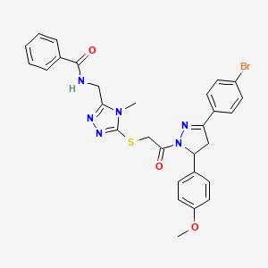 molecular formula C29H27BrN6O3S B11447667 N-{[5-({2-[3-(4-Bromophenyl)-5-(4-methoxyphenyl)-4,5-dihydro-1H-pyrazol-1-YL]-2-oxoethyl}sulfanyl)-4-methyl-4H-1,2,4-triazol-3-YL]methyl}benzamide 