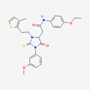 molecular formula C27H29N3O4S2 B11447714 N-(4-ethoxyphenyl)-2-[1-(3-methoxyphenyl)-3-[2-(3-methylthiophen-2-yl)ethyl]-5-oxo-2-sulfanylideneimidazolidin-4-yl]acetamide 