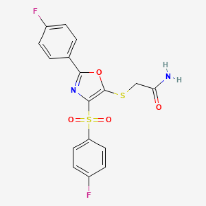 molecular formula C17H12F2N2O4S2 B11447962 2-((2-(4-Fluorophenyl)-4-((4-fluorophenyl)sulfonyl)oxazol-5-yl)thio)acetamide 