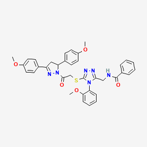 molecular formula C36H34N6O5S B11448186 N-{[5-({2-[3,5-Bis(4-methoxyphenyl)-4,5-dihydro-1H-pyrazol-1-YL]-2-oxoethyl}sulfanyl)-4-(2-methoxyphenyl)-4H-1,2,4-triazol-3-YL]methyl}benzamide 