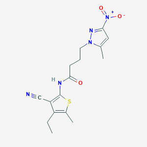 molecular formula C16H19N5O3S B11448211 N-(3-cyano-4-ethyl-5-methylthiophen-2-yl)-4-(5-methyl-3-nitro-1H-pyrazol-1-yl)butanamide 