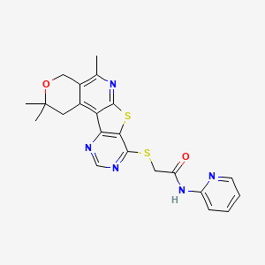 molecular formula C22H21N5O2S2 B11448223 N-pyridin-2-yl-2-[(4,4,8-trimethyl-5-oxa-11-thia-9,14,16-triazatetracyclo[8.7.0.02,7.012,17]heptadeca-1,7,9,12(17),13,15-hexaen-13-yl)sulfanyl]acetamide 