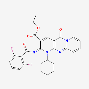 molecular formula C27H24F2N4O4 B11448557 ethyl 7-cyclohexyl-6-(2,6-difluorobenzoyl)imino-2-oxo-1,7,9-triazatricyclo[8.4.0.03,8]tetradeca-3(8),4,9,11,13-pentaene-5-carboxylate 