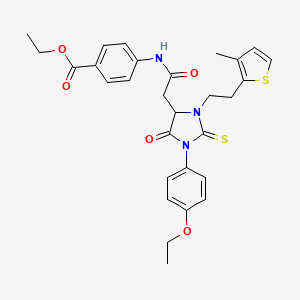 molecular formula C29H31N3O5S2 B11448595 Ethyl 4-[({1-(4-ethoxyphenyl)-3-[2-(3-methylthiophen-2-yl)ethyl]-5-oxo-2-thioxoimidazolidin-4-yl}acetyl)amino]benzoate 