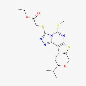 molecular formula C18H22N4O3S3 B11448656 ethyl 2-[(7-methylsulfanyl-14-propan-2-yl-13-oxa-10-thia-3,4,6,8-tetrazatetracyclo[7.7.0.02,6.011,16]hexadeca-1(9),2,4,7,11(16)-pentaen-5-yl)sulfanyl]acetate 