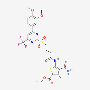 molecular formula C26H27F3N4O8S2 B11448662 Ethyl 4-carbamoyl-5-[(4-{[4-(3,4-dimethoxyphenyl)-6-(trifluoromethyl)pyrimidin-2-yl]sulfonyl}butanoyl)amino]-3-methylthiophene-2-carboxylate 