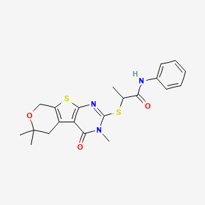 molecular formula C21H23N3O3S2 B11449061 N-phenyl-2-[(4,12,12-trimethyl-3-oxo-11-oxa-8-thia-4,6-diazatricyclo[7.4.0.02,7]trideca-1(9),2(7),5-trien-5-yl)sulfanyl]propanamide 