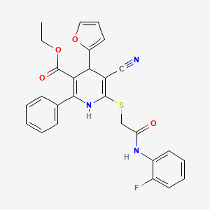 molecular formula C27H22FN3O4S B11449096 Ethyl 5-cyano-6-({2-[(2-fluorophenyl)amino]-2-oxoethyl}sulfanyl)-4-(furan-2-yl)-2-phenyl-1,4-dihydropyridine-3-carboxylate 