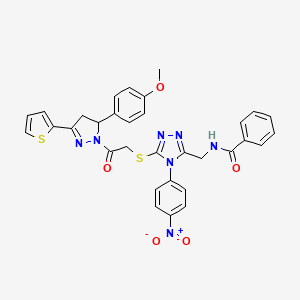 molecular formula C32H27N7O5S2 B11449206 N-{[5-({2-[5-(4-Methoxyphenyl)-3-(thiophen-2-YL)-4,5-dihydro-1H-pyrazol-1-YL]-2-oxoethyl}sulfanyl)-4-(4-nitrophenyl)-4H-1,2,4-triazol-3-YL]methyl}benzamide 