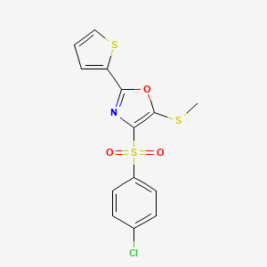 molecular formula C14H10ClNO3S3 B11449423 4-(4-Chlorobenzenesulfonyl)-5-(methylsulfanyl)-2-(thiophen-2-yl)-1,3-oxazole 