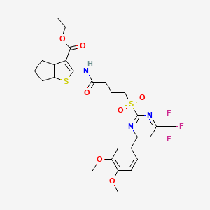 molecular formula C27H28F3N3O7S2 B11449476 ethyl 2-[(4-{[4-(3,4-dimethoxyphenyl)-6-(trifluoromethyl)pyrimidin-2-yl]sulfonyl}butanoyl)amino]-5,6-dihydro-4H-cyclopenta[b]thiophene-3-carboxylate 