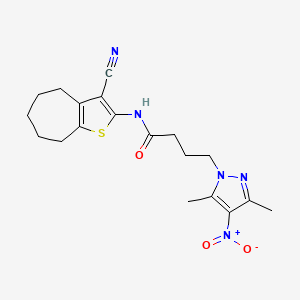 molecular formula C19H23N5O3S B11449956 N-(3-cyano-5,6,7,8-tetrahydro-4H-cyclohepta[b]thiophen-2-yl)-4-(3,5-dimethyl-4-nitro-1H-pyrazol-1-yl)butanamide 