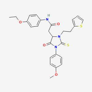 molecular formula C26H27N3O4S2 B11450164 N-(4-ethoxyphenyl)-2-{1-(4-methoxyphenyl)-5-oxo-3-[2-(thiophen-2-yl)ethyl]-2-thioxoimidazolidin-4-yl}acetamide 