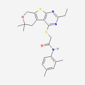 molecular formula C23H27N3O2S2 B11450751 N-(2,4-dimethylphenyl)-2-[(5-ethyl-12,12-dimethyl-11-oxa-8-thia-4,6-diazatricyclo[7.4.0.02,7]trideca-1(9),2(7),3,5-tetraen-3-yl)sulfanyl]acetamide 
