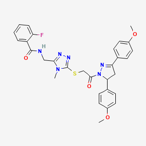 molecular formula C30H29FN6O4S B11450844 N-{[5-({2-[3,5-Bis(4-methoxyphenyl)-4,5-dihydro-1H-pyrazol-1-YL]-2-oxoethyl}sulfanyl)-4-methyl-4H-1,2,4-triazol-3-YL]methyl}-2-fluorobenzamide 