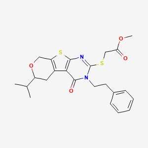 molecular formula C23H26N2O4S2 B11450989 methyl 2-[[3-oxo-4-(2-phenylethyl)-12-propan-2-yl-11-oxa-8-thia-4,6-diazatricyclo[7.4.0.02,7]trideca-1(9),2(7),5-trien-5-yl]sulfanyl]acetate 